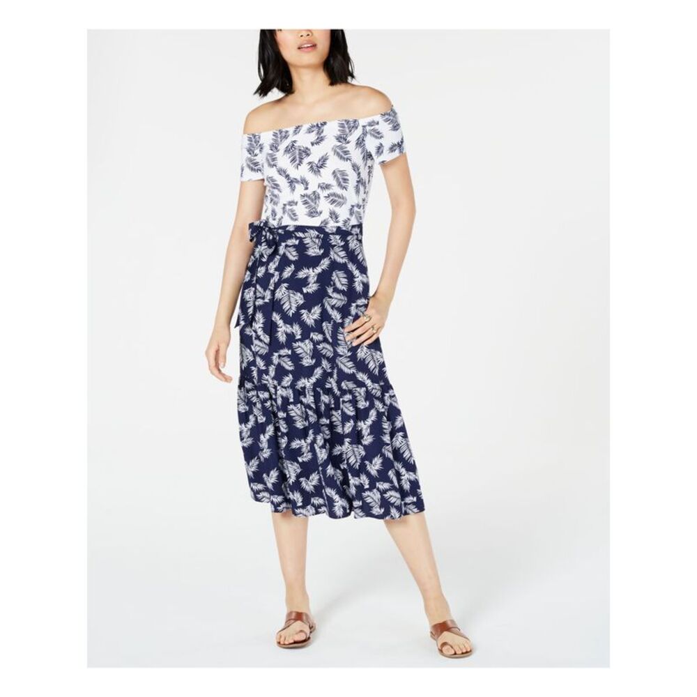 MAISON JULES Womens Sheath Midi Dress Belted Short Sleeve Off Shoulder